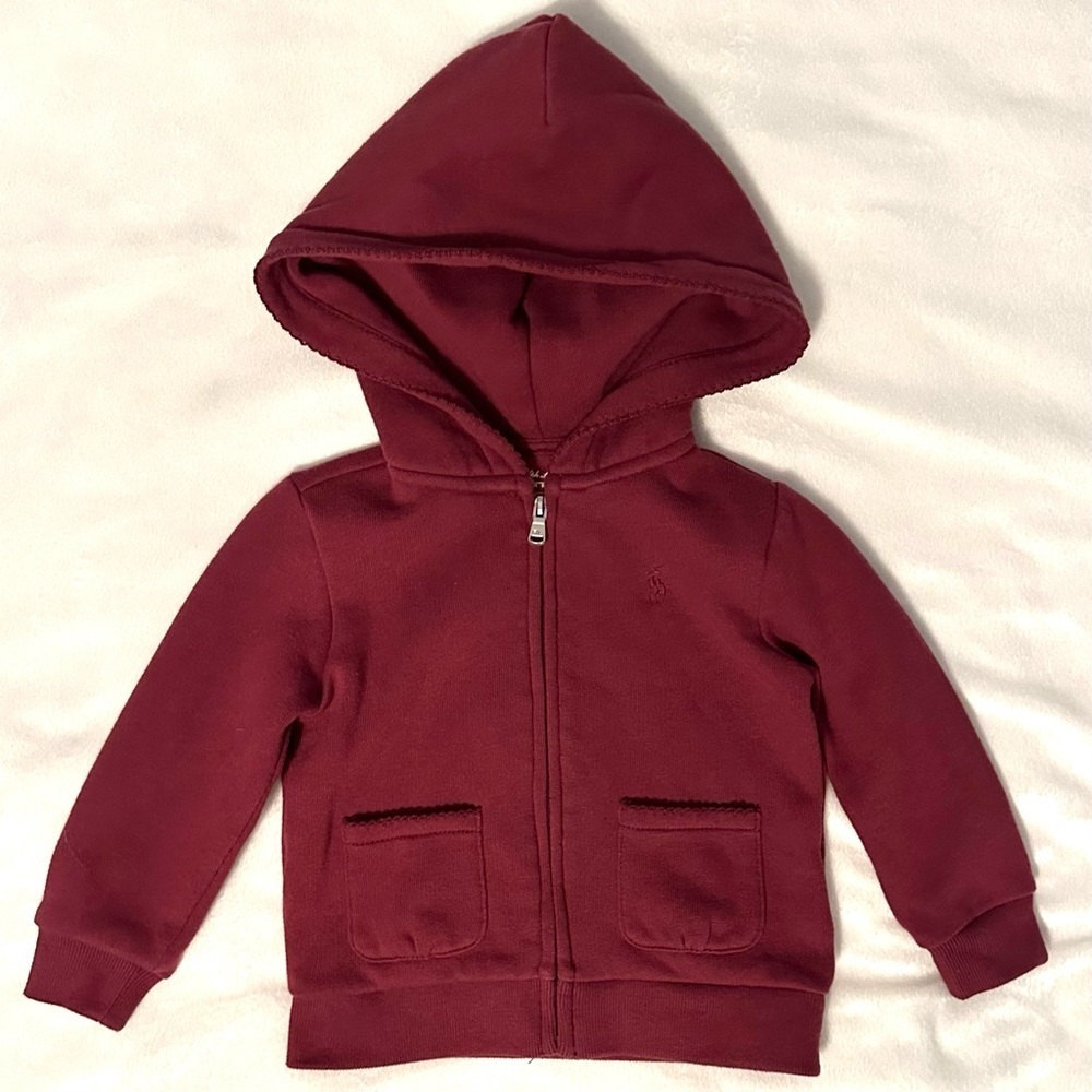 Ralph Lauren Full Zip Up Hoodie Hooded Sweatshirt Baby Girls 12M Burgundy Red - Picture 1 of 6